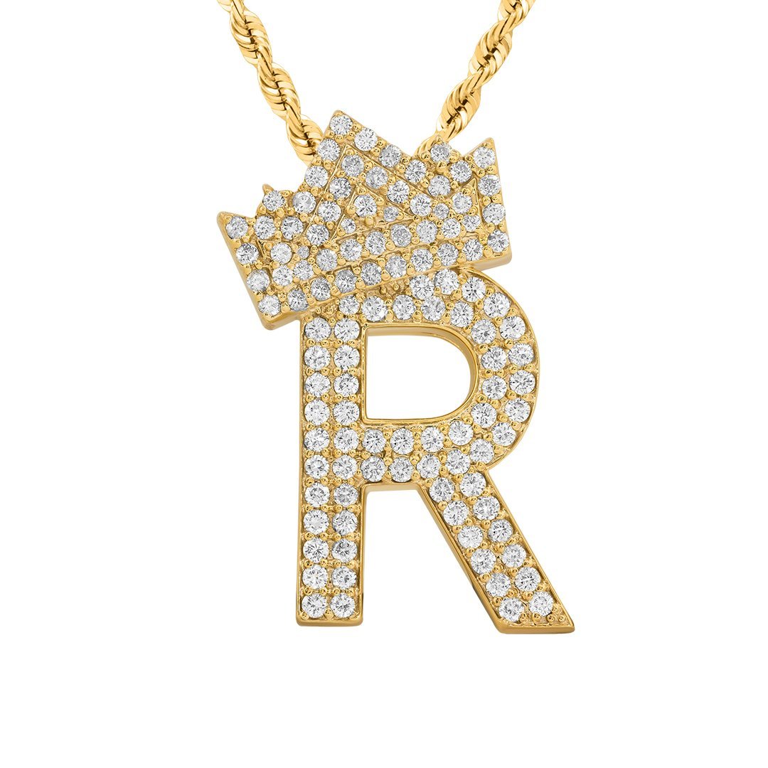 14K Yellow Gold Diamond Initial R Pendant with Crown 2.50 Ctw