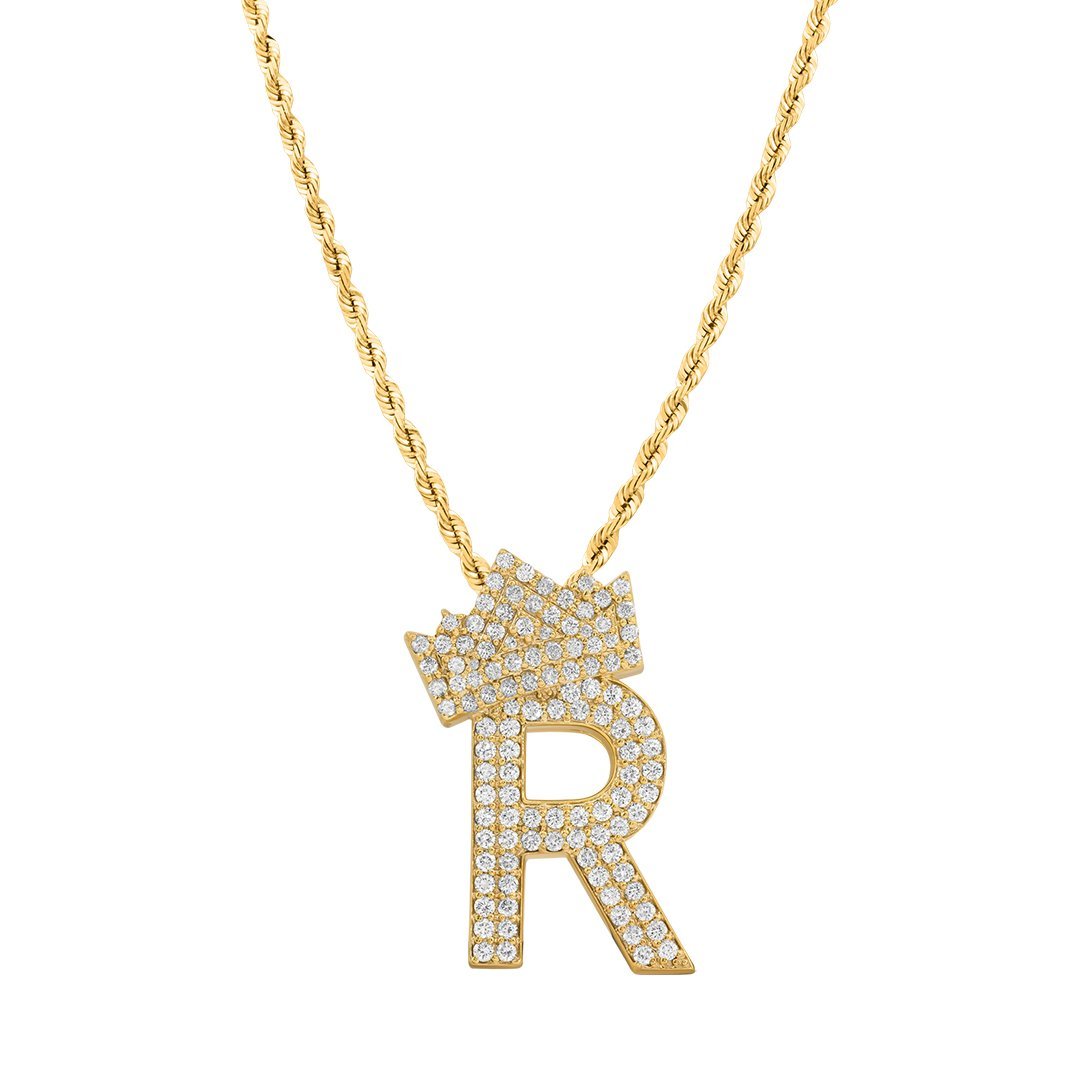 14K Yellow Gold Diamond Initial R Pendant with Crown 2.50 Ctw