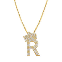 Thumbnail for 14K Yellow Gold Diamond Initial R Pendant with Crown 2.50 Ctw