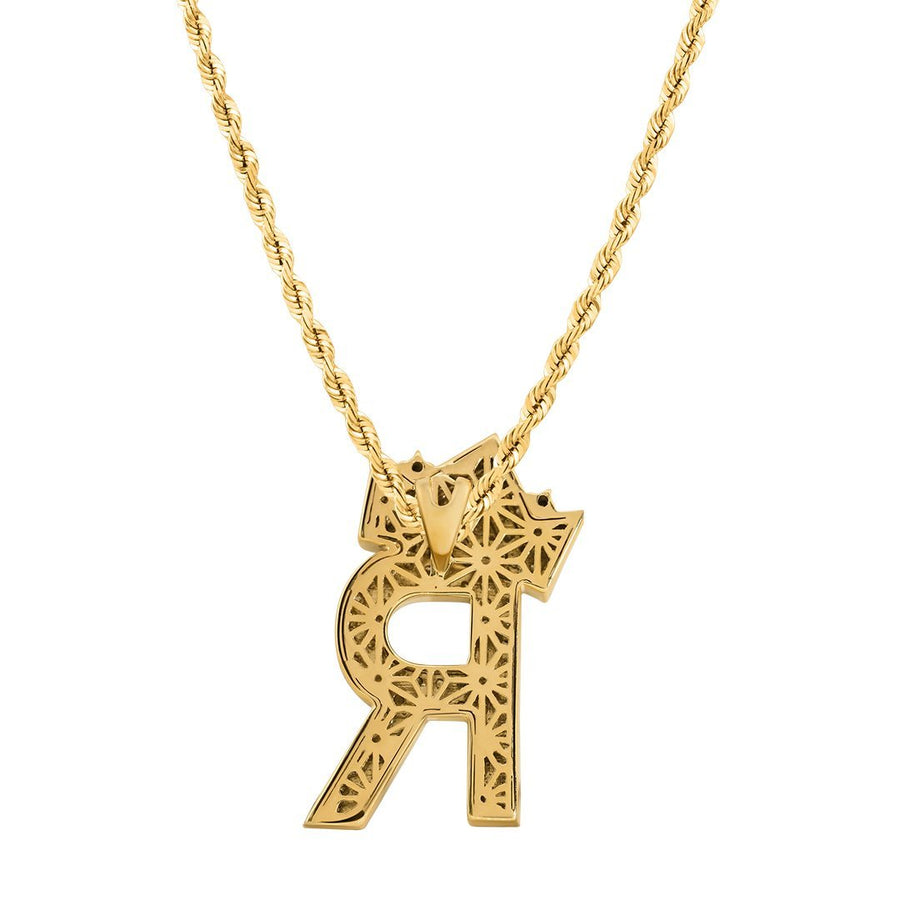 14K Yellow Gold Diamond Initial R Pendant with Crown 2.50 Ctw