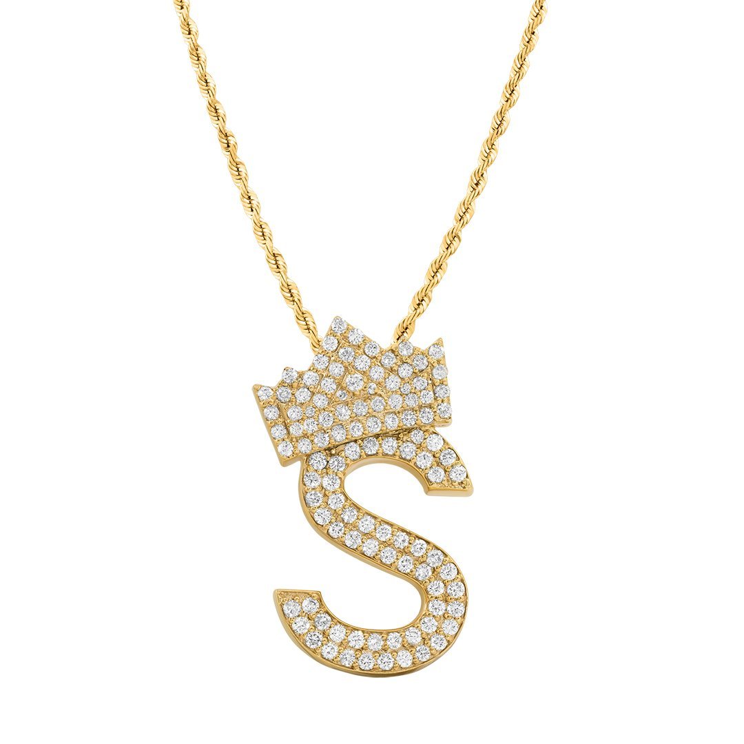 14K Yellow Gold Diamond Initial S Pendant with Crown 2.25 Ctw