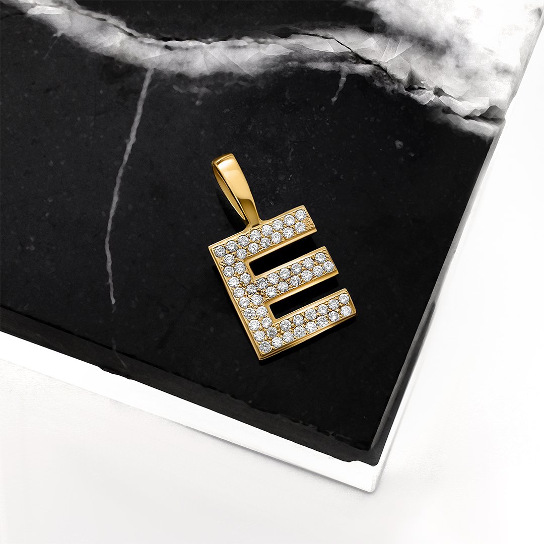 yellow 14k yellow gold diamond letter E pendant