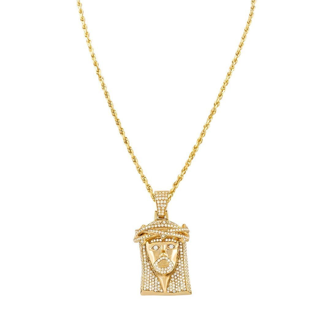 14K Yellow Gold Mens Jesus Head Pendant With Round Cut Diamonds 3.00 Ctw