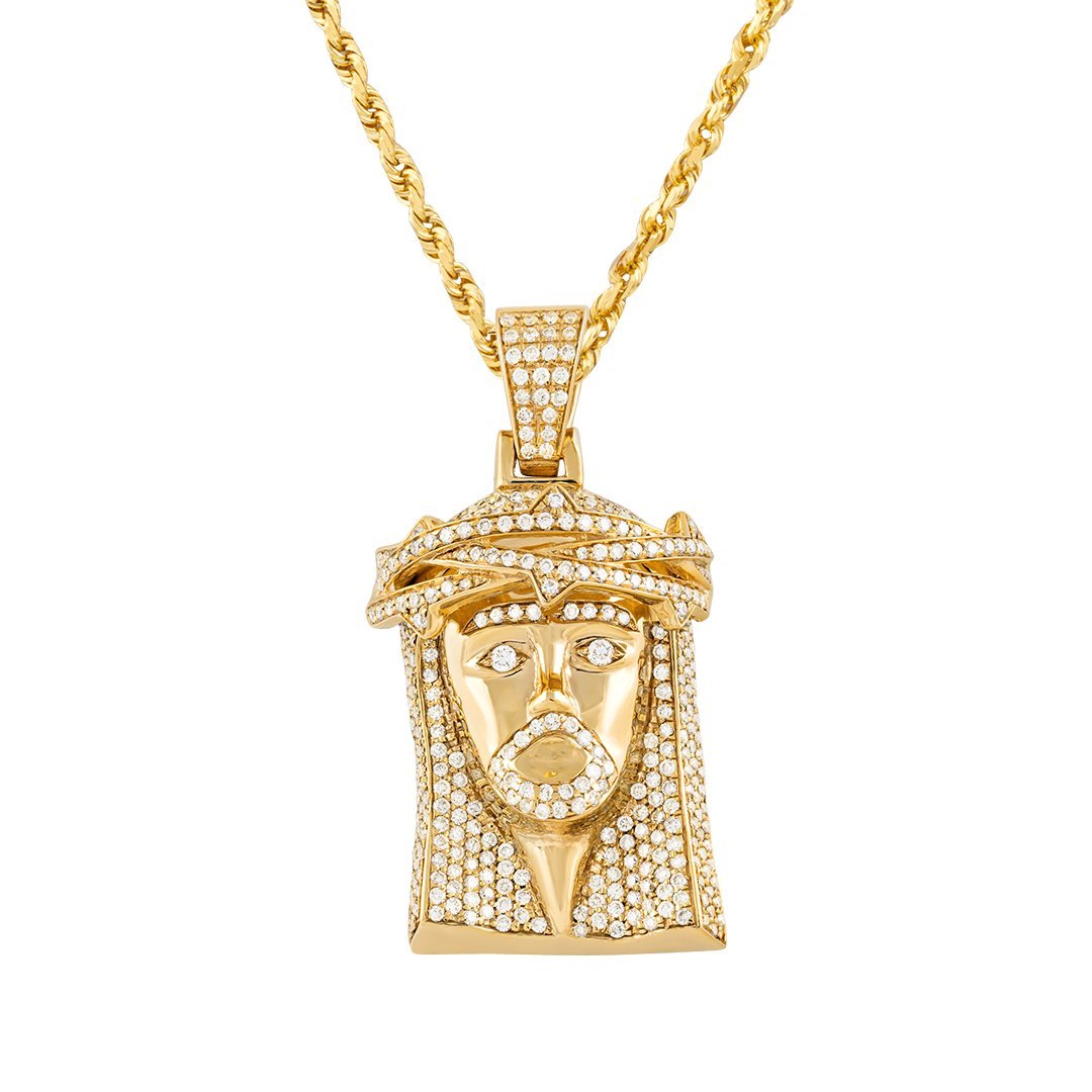 14K Yellow Gold Mens Jesus Head Pendant With Round Cut Diamonds 3.00 Ctw