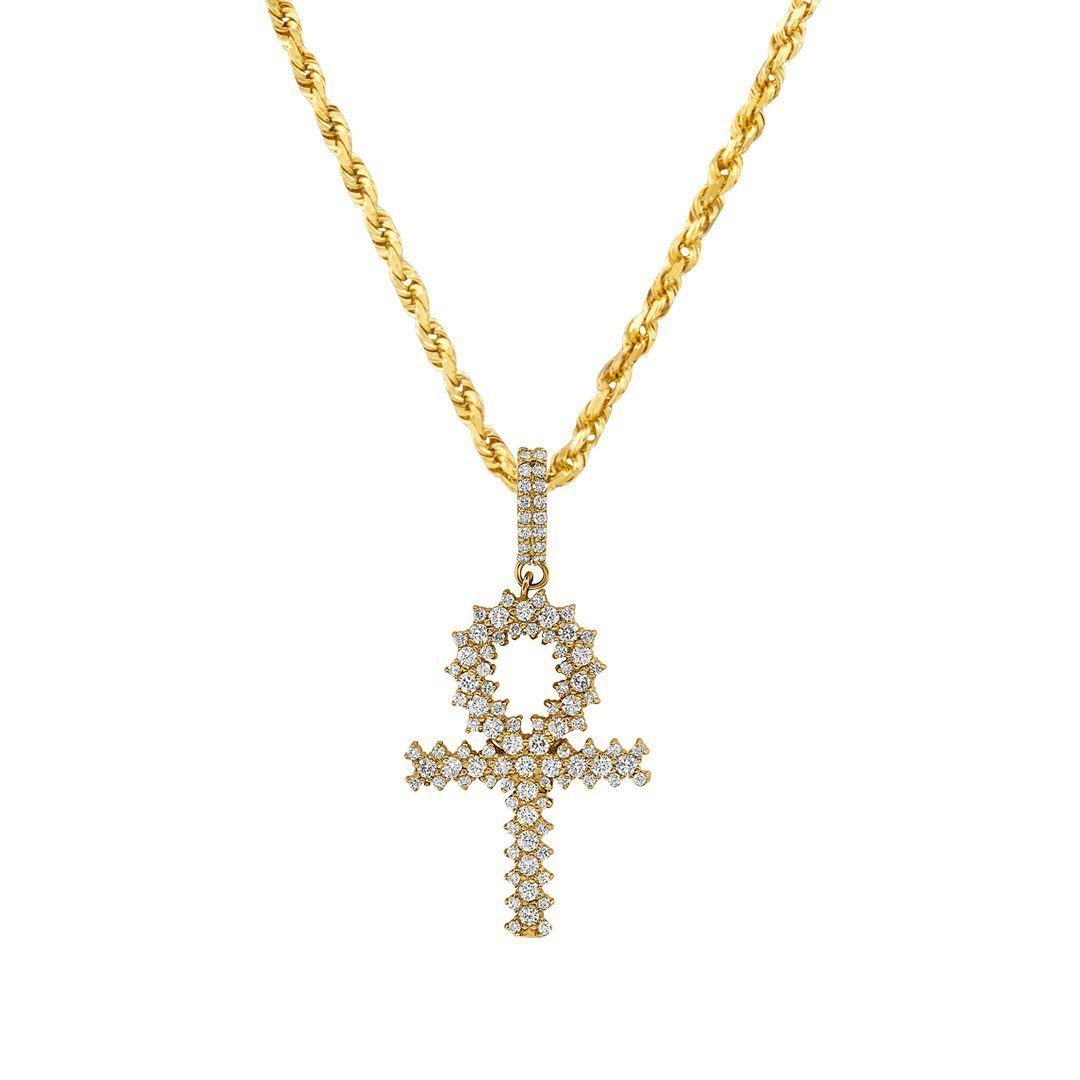 14k Yellow Gold Three Row Diamond Ankh Cross Pendant 2.75 Ctw