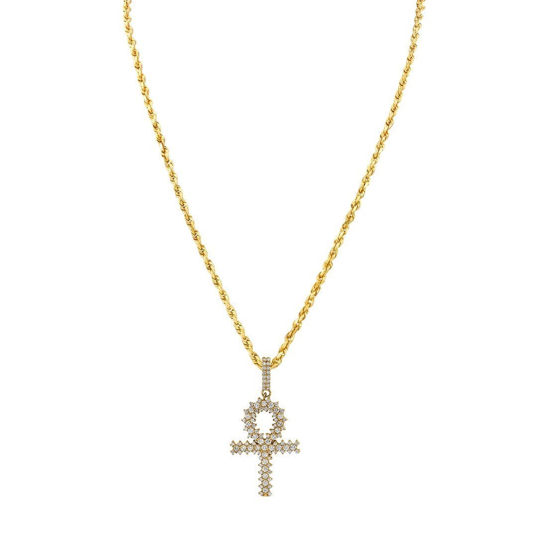 14k Yellow Gold Three Row Diamond Ankh Cross Pendant 2.75 Ctw