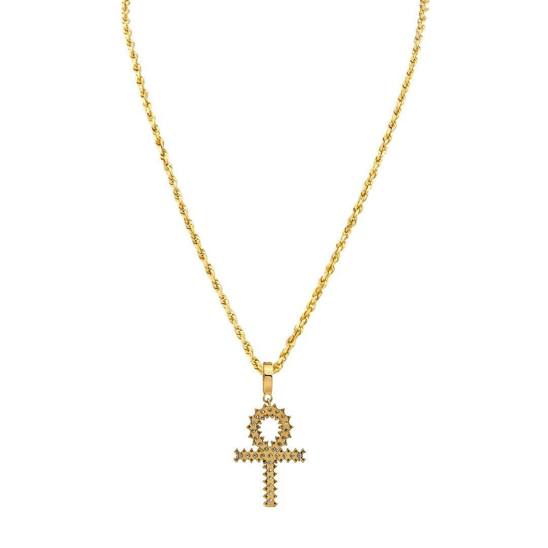 14k Yellow Gold Three Row Diamond Ankh Cross Pendant 2.75 Ctw