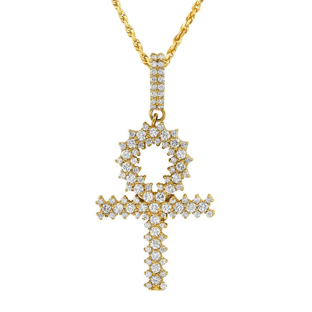 14k Yellow Gold Three Row Diamond Ankh Cross Pendant 2.75 Ctw