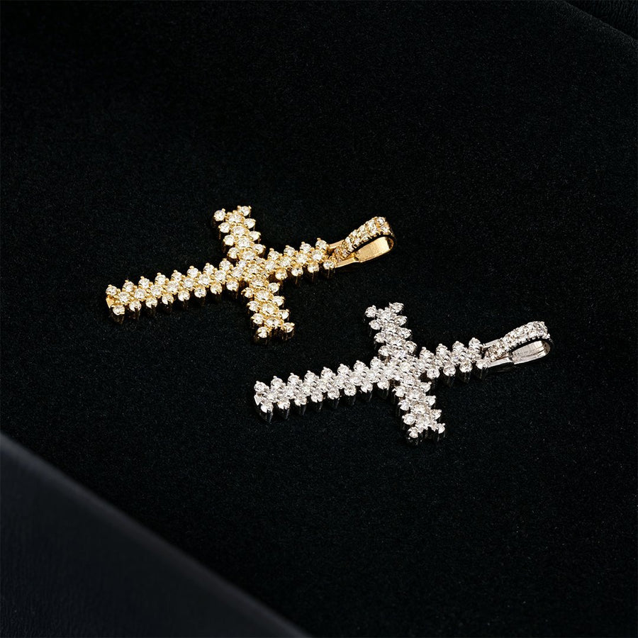 Yellow 14k Yellow Gold Three Row Diamond Cross Pendant 1 Ctw