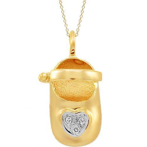 Yellow 14K Yellow Solid Gold Diamond Baby Shoe Pendant 0.07 Ctw