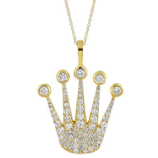 14K Yellow Solid Gold Diamond Crown Pendant 1.90 Ctw