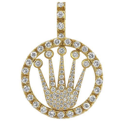 14K Yellow Solid Gold Diamond Crown Pendant 4.50 Ctw
