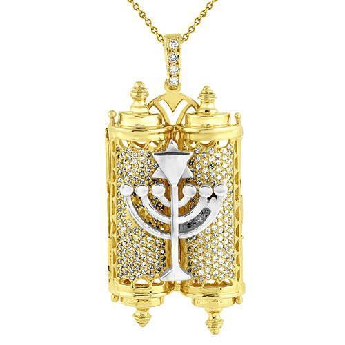 14K Yellow Solid Gold Diamond Torah Ten Commandments Pendant 3.50 Ctw