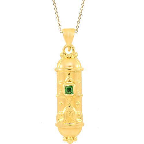 Yellow 14K Yellow Solid Gold Emerald Mezuzah Pendant 0.20 Ctw