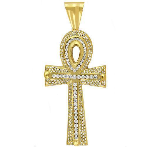 14K Yellow Solid Gold Mens Diamond Ankh Pendant 4.50 Ctw