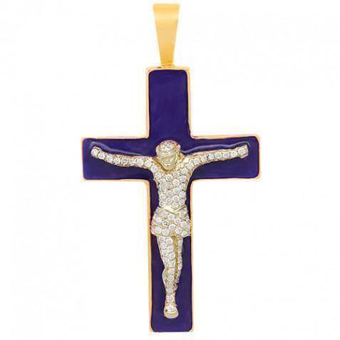 14K Yellow Solid Gold Mens Diamond Crucified Jesus Cross Pendant Plated in Blue Enamel 1.00 Ctw