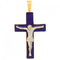 Thumbnail for 14K Yellow Solid Gold Mens Diamond Crucified Jesus Cross Pendant Plated in Blue Enamel 1.00 Ctw