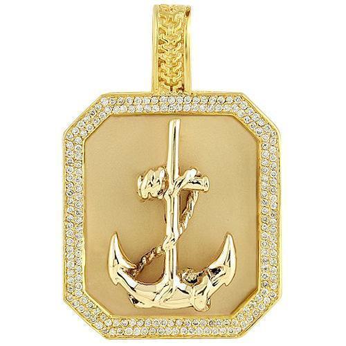14K Yellow Solid Gold Mens Diamond Custom Made Anchor Dog Tag Pendant 1.50 Ctw