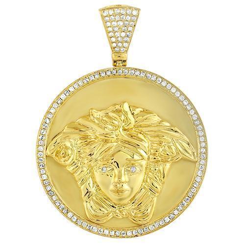 14K Yellow Solid Gold Mens Diamond Custom Made Medusa Head Round Pendant 1.75 Ctw
