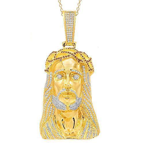 14K Yellow Solid Gold Mens Diamond Jesus Head Pendant with Red Diamonds 11.50 Ctw