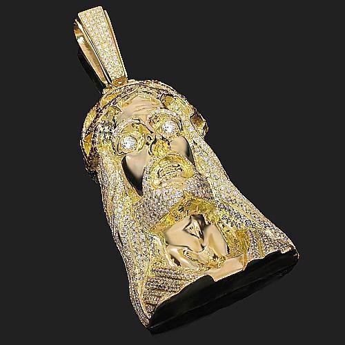 14K Yellow Solid Gold Mens Diamond Jesus Head Pendant with Red Diamonds 11.50 Ctw