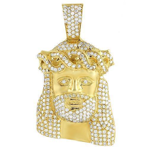 14K Yellow Solid Gold Mens Diamond Jesus Pendant 3.25 Ctw
