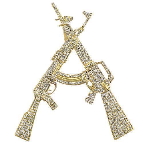 14K Yellow Solid Gold Two Rifle Detailed Gun Diamond Initial Letter 'A' Pendant 5.82 Ctw
