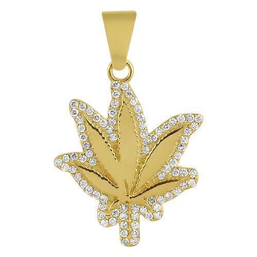 Yellow 14K Yellow Solid Gold Unisex Diamond Leaf Pendant With Round Cut Diamonds 1.25 Ctw