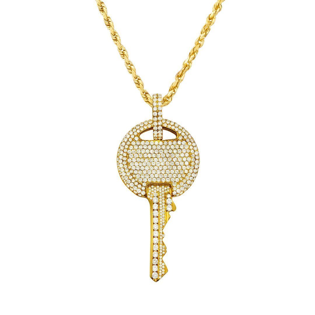 14K Yellow Solid Gold Unisex Diamond Pave Set Custom Made Key Pendant 5.00 Ctw