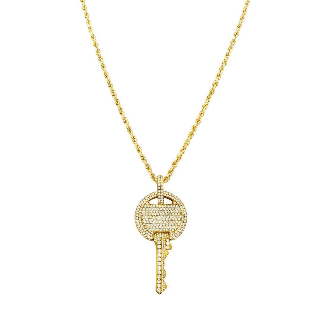 14K Yellow Solid Gold Unisex Diamond Pave Set Custom Made Key Pendant 5.00 Ctw