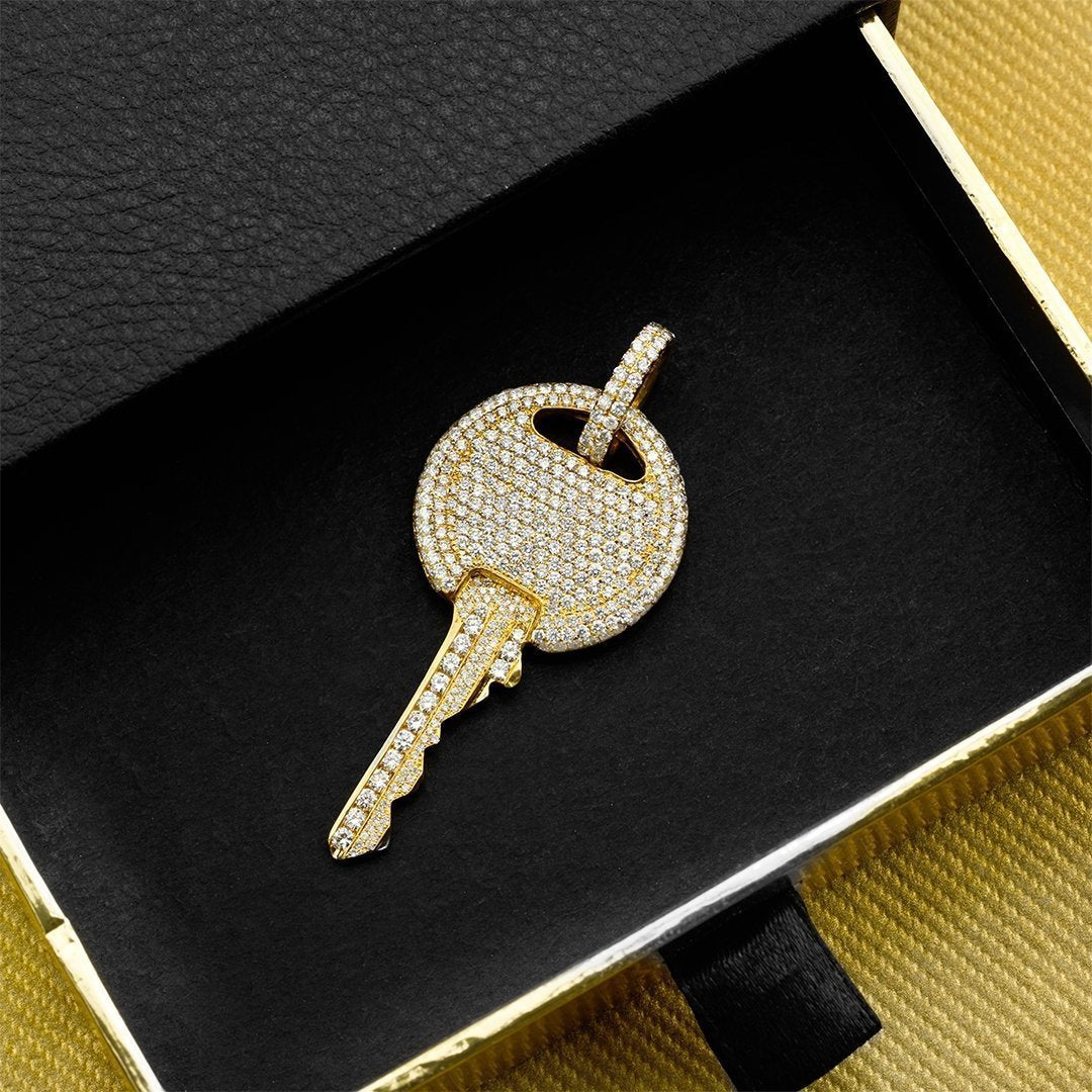 14K Yellow Solid Gold Unisex Diamond Pave Set Custom Made Key Pendant 5.00 Ctw