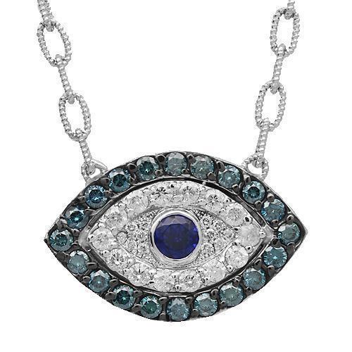 18K Solid White Gold Diamond Custom Womens Evil Eye Pendant with Blue Diamonds and Sapphires