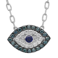 Thumbnail for 18K Solid White Gold Diamond Custom Womens Evil Eye Pendant with Blue Diamonds and Sapphires