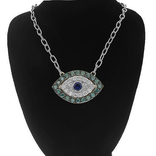 18K Solid White Gold Diamond Custom Womens Evil Eye Pendant with Blue Diamonds and Sapphires