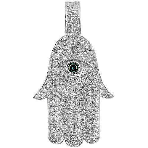 18K Solid White Gold Diamond Sapphire Hamsa Pendant 3.50 Ctw