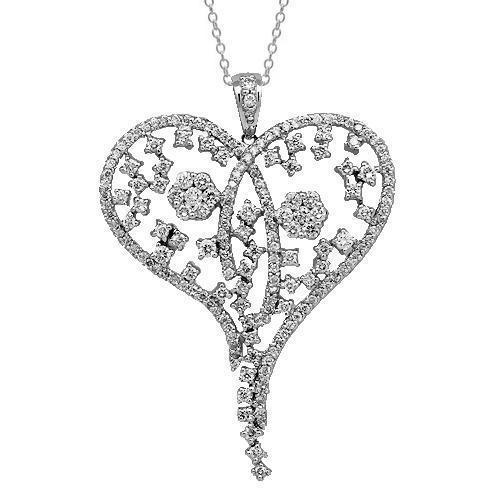 18K Solid White Gold Womens Diamond Heart Pendant 2.03 Ctw