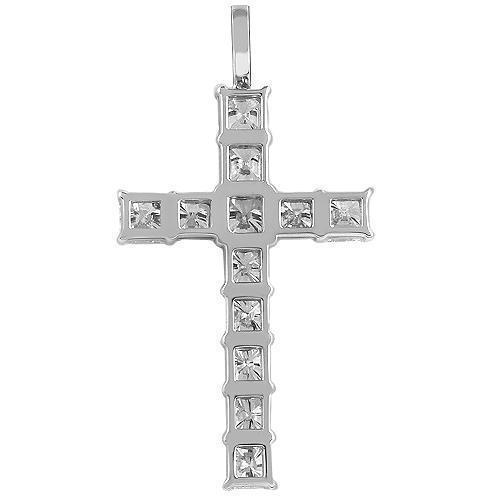 18K White Solid Gold Cross Pendant with Princess Cut Diamonds 4.75 Ctw