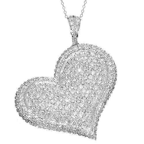 18K White Solid Gold Womens Diamond Heart Pendant 4.50 Ctw