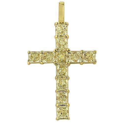 18K Yellow Solid Gold Mens Cross Pendant with Fancy Yellow Diamonds 12.50 Ctw