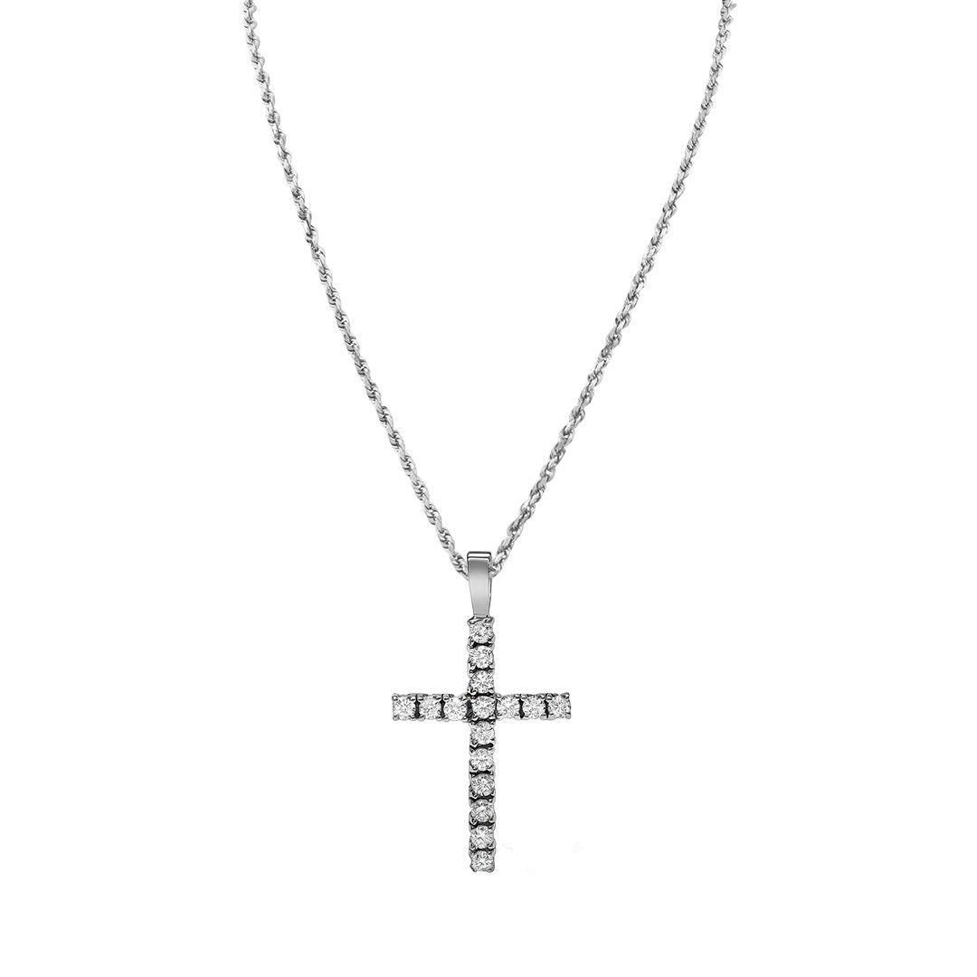 14k White Gold Classic Diamond Cross Pendant 1 Cwt.