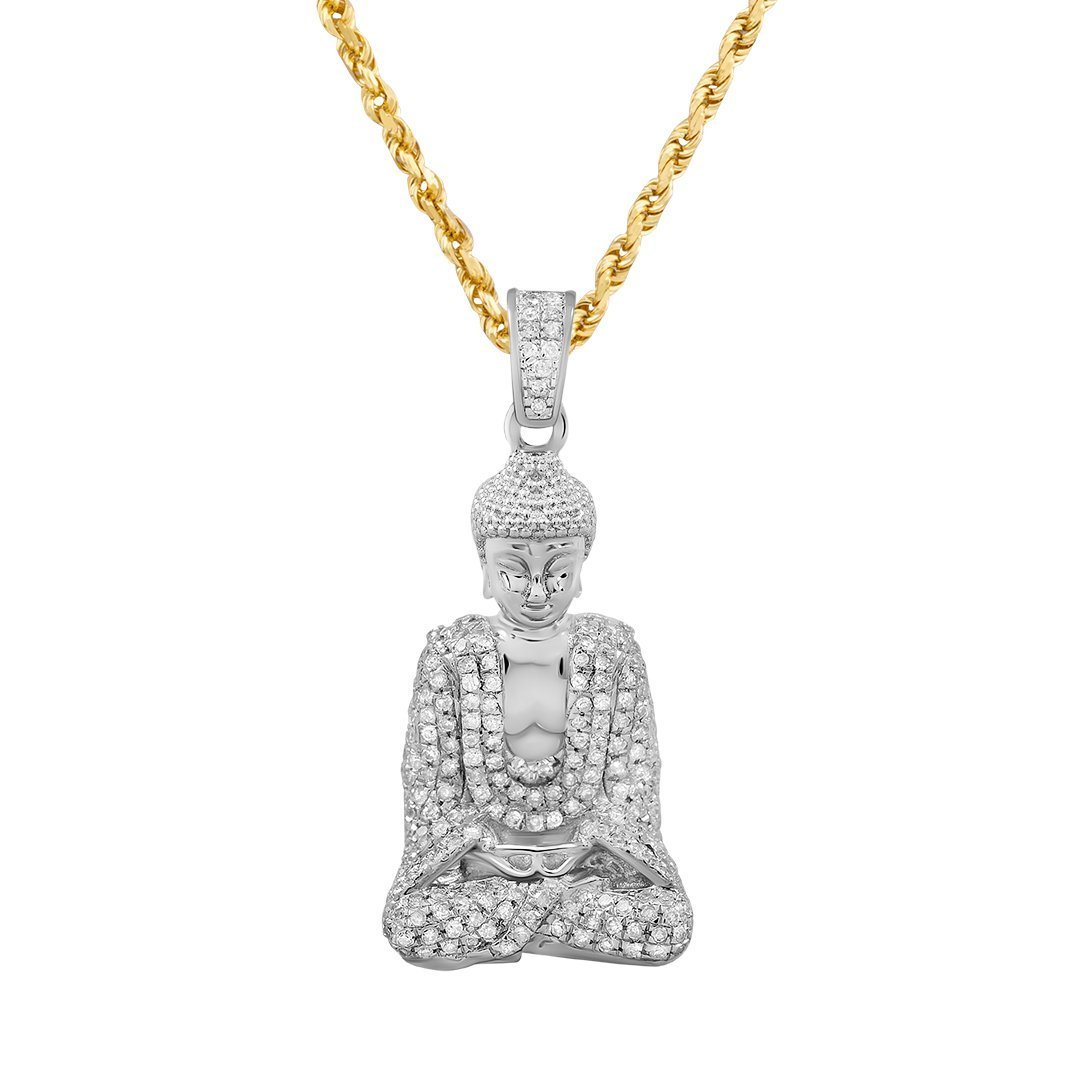 White Detailed Diamond Buddha Pendant in 10k Yellow Gold .81 Ctw