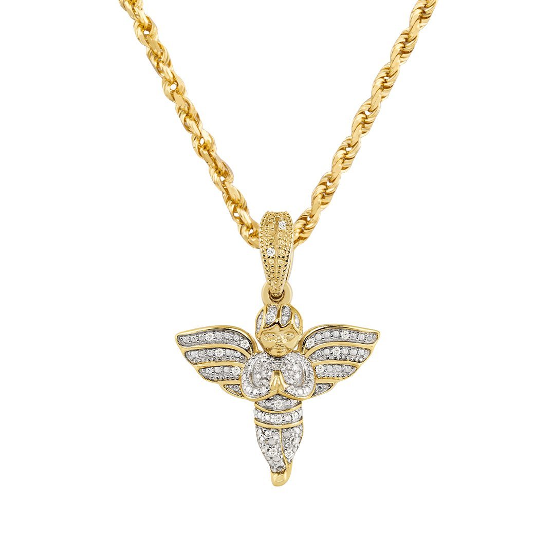 10k Yellow Gold Praying Baby Angel Pendant - Solid Gold, Diamond Cut