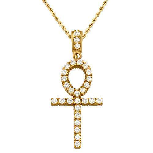 White, Yellow Diamond Ankh Pendant in 14k Yellow Gold 1.10 Ctw