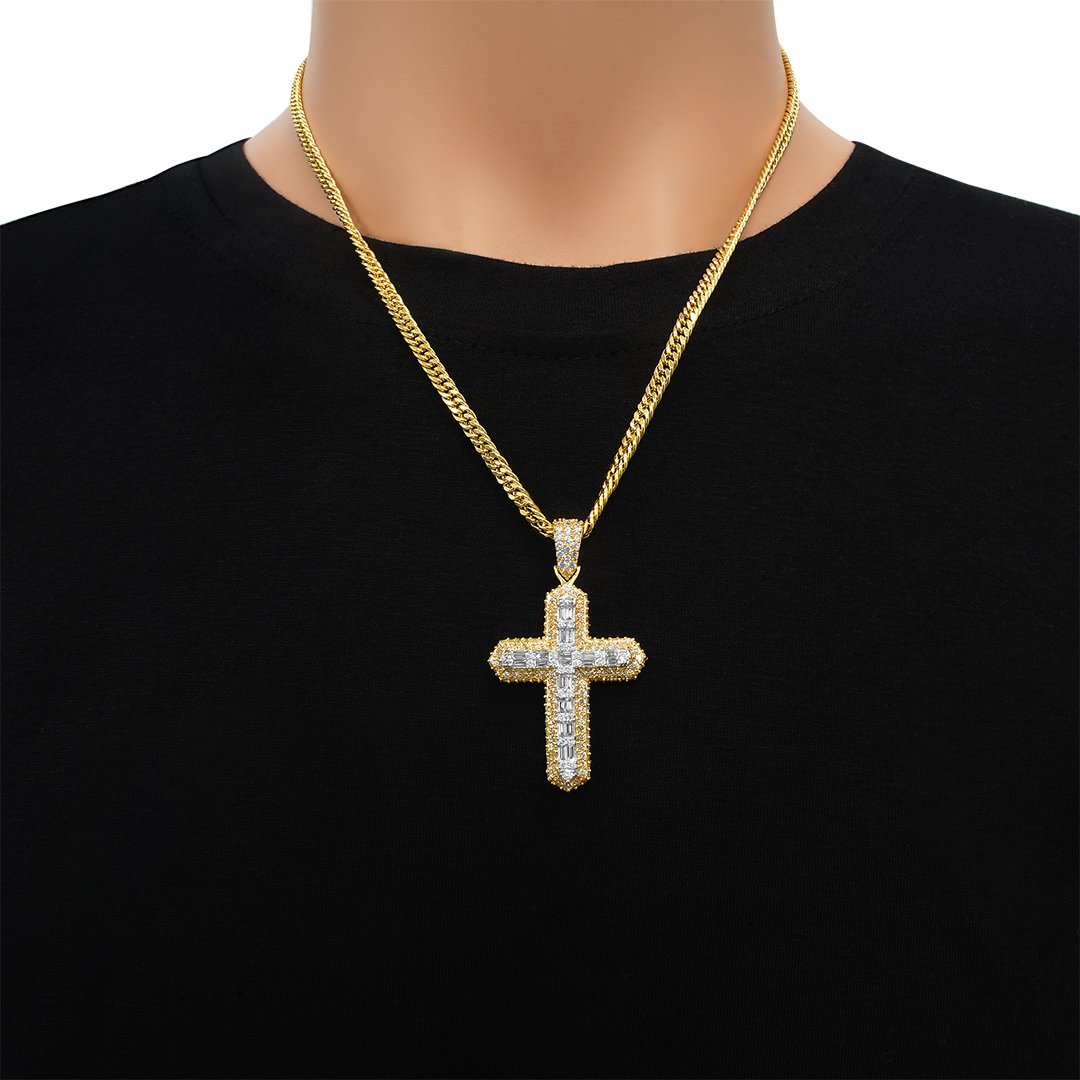 14k Yellow Gold Diamond Baguette Cross 2.59 Ctw