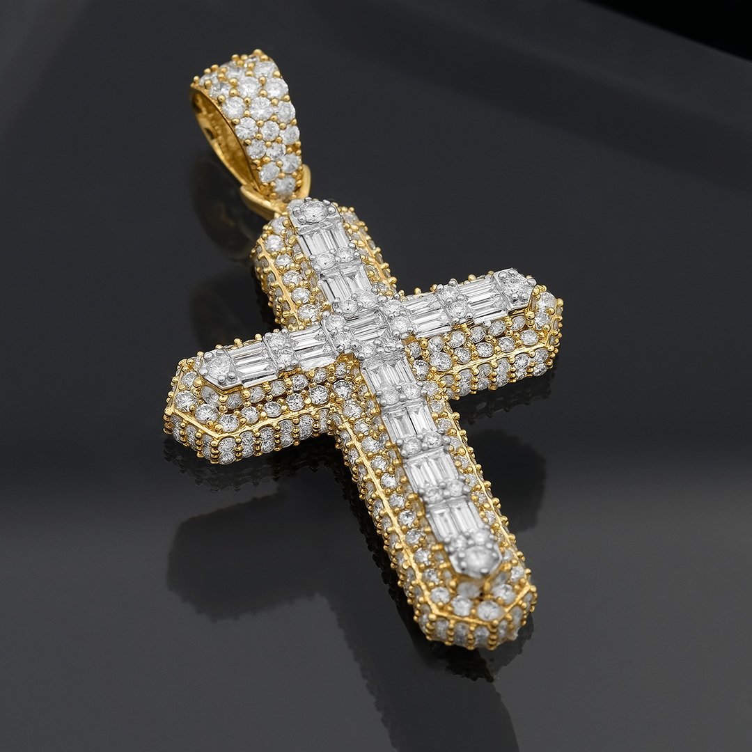 14k Yellow Gold Diamond Baguette Cross 2.59 Ctw