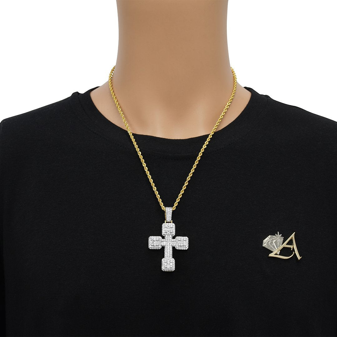 14k Yellow Gold Diamond Baguette Cross 5.65 Ctw