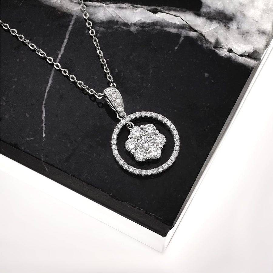 White Diamond Cluster Pendant in 18k White Gold 0.89 Ctw