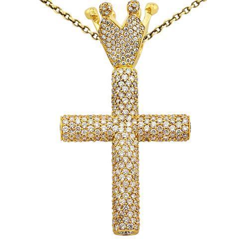 Diamond Cross Pendant with Crown in 14k Yellow Gold 14 Ctw