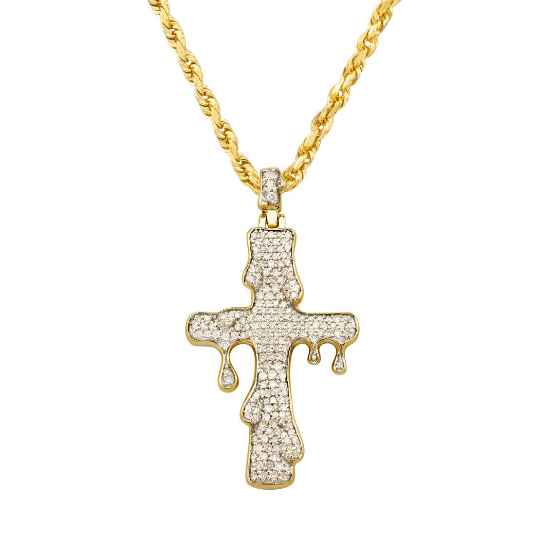 Yellow Diamond Drip Cross Pendant in 10k White Gold 0.73 Ctw