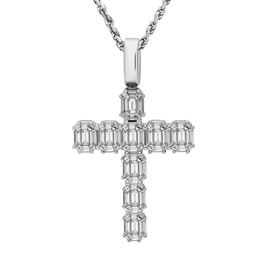14k White Gold Diamond Emerald Cross 5.5 Ctw